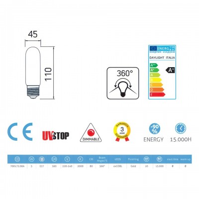 LED Λάμπα Τ45 με Μελί Γυαλί - 5W E27 Dimmable 2000K