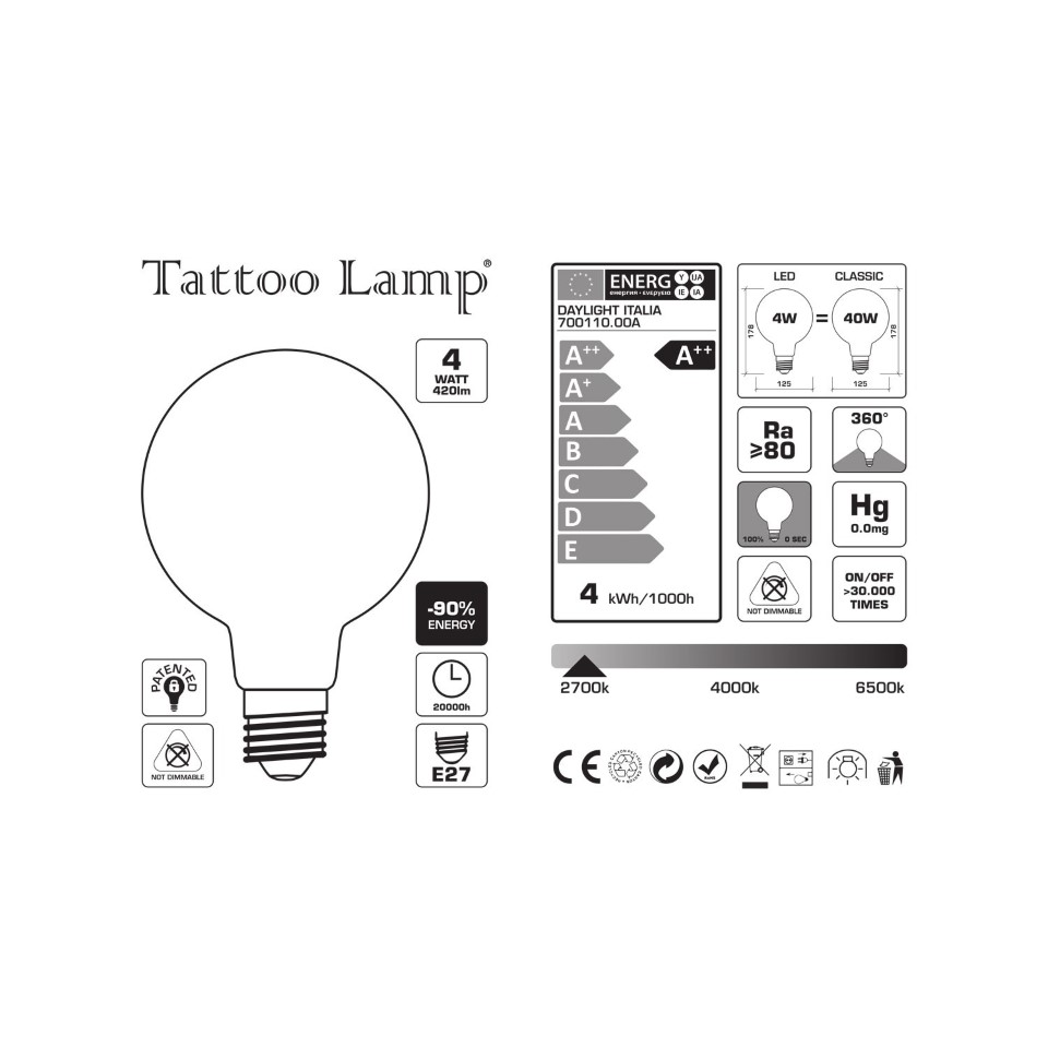 LED Λάμπα Γλόμπος G125 Filament με Σπιράλ Νήμα -Tattoo Lamp® Cuore 4W E27 2700K