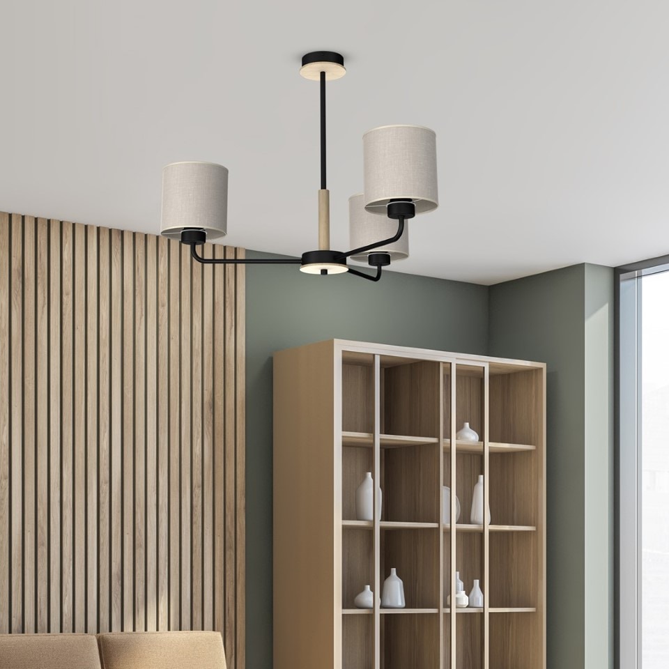 Multi-Light Pendant Lamp Atlanta with shade 3xE27 Ø70cm Black Natural Wood Color