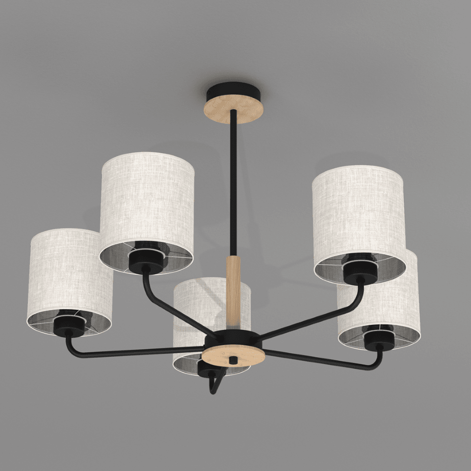 Multi-Light Pendant Lamp Atlanta with shade 5xE27 Ø70cm Black Natural Wood Color