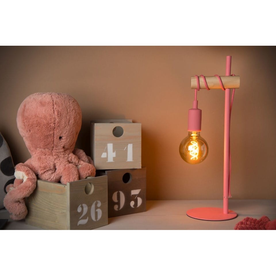 Παιδικό Επιτραπέζιο Φωτιστικό Pola Ø15cm Ροζ με Ανοιχτό Ξύλο