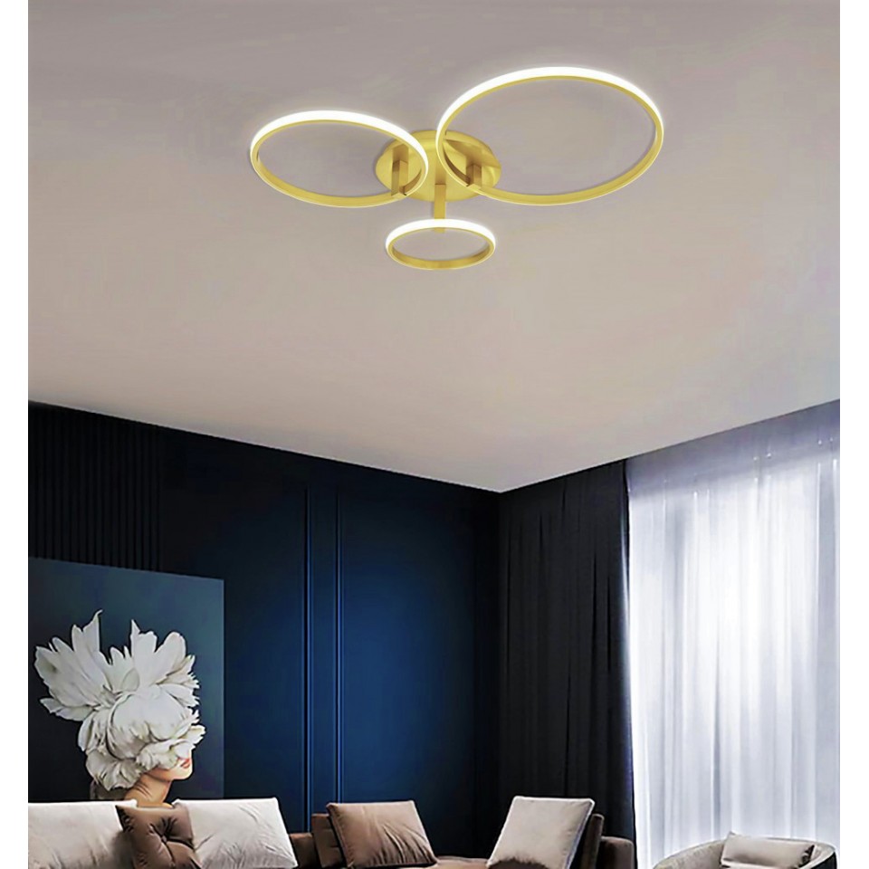 LED Φωτιστικό Οροφής Sevilla 89W Χρυσό 3 Κύκλοι Φ45cm Φ35cm Φ25cm με Τηλεχειριστήριο Ψυχρό/Φυσικό/Θερμό