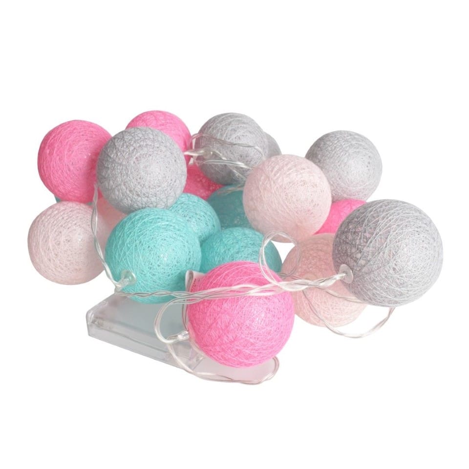 Διακοσμητικές Μπάλες Cotton Balls LED 20L Γιρλάντα Μεντα-Γκρι-Ροζ-Μπεζ