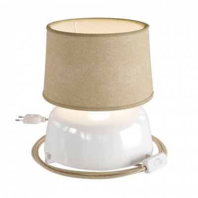 Κεραμικό Επιτραπέζιο Φωτιστικό Coppa με Καπέλο Athena, υφασμάτινο καλώδιο, διακοπτάκι και διπολικό φις Natural Jute - Λευκό Γυαλιστερό - Γιούτα φυσική Χωρίς Λάμπα