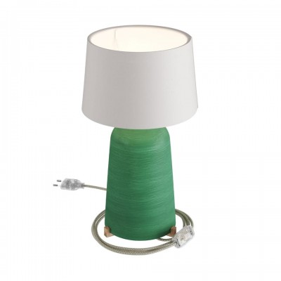 Κεραμικό Επιτραπέζιο Φωτιστικό Bottiglia με Καπέλο Athena, υφασμάτινο καλώδιο, διακοπτάκι και διπολικό φις White - Πράσινο Evergreen - Λευκό Χωρίς Λάμπα