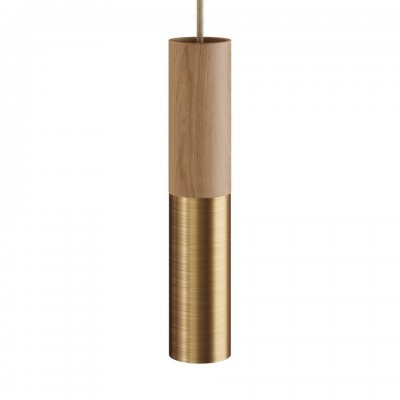 Κρεμαστό Φωτιστικό Σποτ Σωληνωτο Tub-E14 διπλό με Ξύλο και Μεταλλο - Made in Italy Brushed bronze - Φυσικό - Χρυσό Ματ Με Λάμπα
