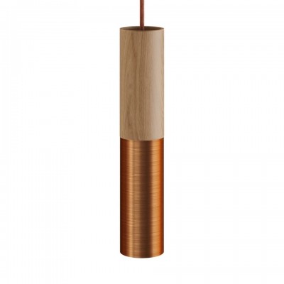 Κρεμαστό Φωτιστικό Σποτ Σωληνωτο Tub-E14 διπλό με Ξύλο και Μεταλλο - Made in Italy Brushed copper - Φυσικό - Χαλκινο vintage Με Λάμπα