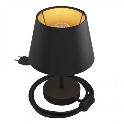 Επιτραπέζιο Φωτιστικό Μεταλλικό Alzaluce με Καπέλο Impero, με υφασμάτινο καλώδιο, διακοπτάκι και διπολικό φις Black Cinette - Ανθρακί - Μαύρος Πάνθηρας 10 cm