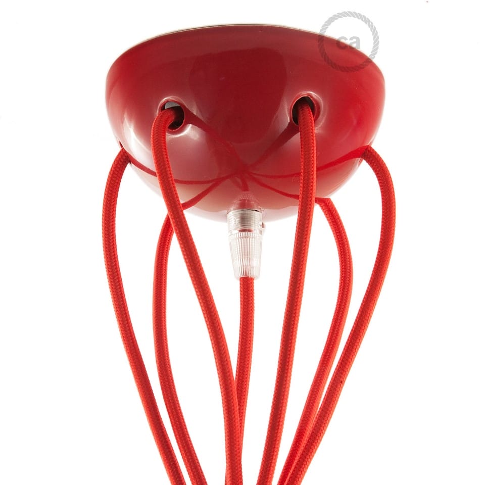 Κεραμικό Φωτιστικό Αράχνη, με 6 κρεμαστές λάμπες και υφασμάτινο καλώδιο, made in Italy Κόκκινο Χωρίς Λάμπα