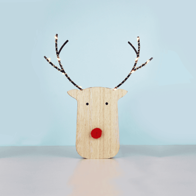 LED Wooden Reindeer Head με 10 LED Κρεμ/ Μπεζ με Κόκκινο