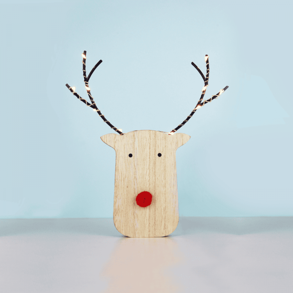 LED Wooden Reindeer Head με 10 LED Κρεμ/ Μπεζ με Κόκκινο