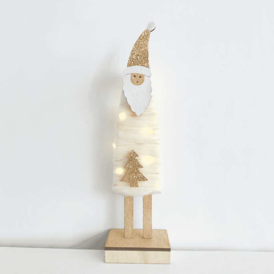 LED Ξύλινο Διακοσμητικό Άγιος Βασίλης με 12 LED Mπαταρίας 9.5x5.5x34cm Λευκό με Χρυσό