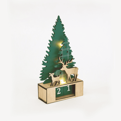 LED Ξύλινο Διακοσμητικό Δέντρο Ημερολόγιο με 3 LED Mπαταρίας 12x5.5x23.5cm Πράσινο με Κρεμ/ Μπεζ