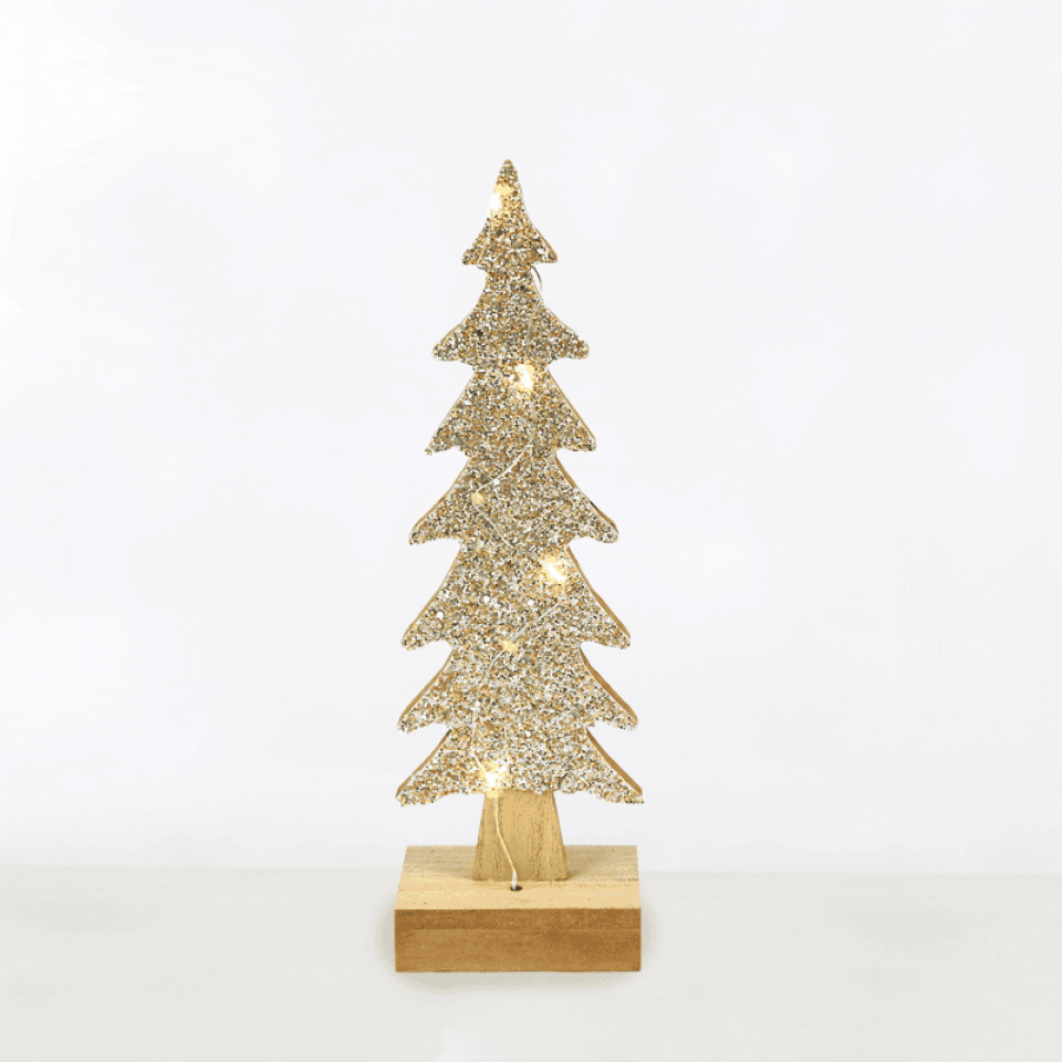 LED Wooden Xmas Tree με 4 LED Κρεμ/ Μπεζ με Χρυσό