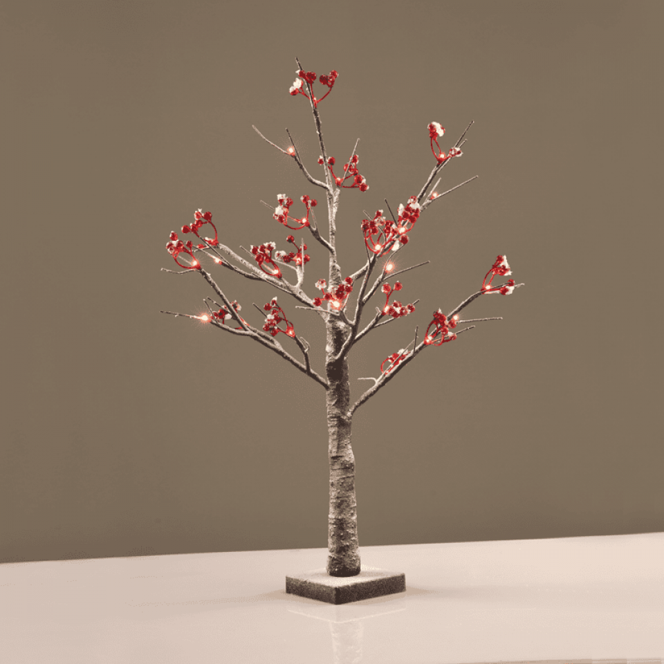 LED Χιονισμένο Δέντρο Κόκκινα Μούρα με 24 LED Θερμό Λευκό 10x10x60cm