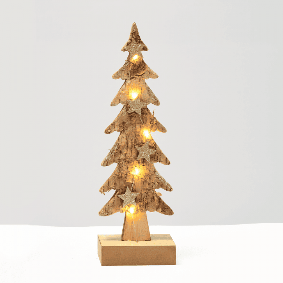 LED Διακοσμητικό Χριστουγεννιάτικο Δέντρο Ξύλινο με 5 LED Mπαταρίας 9.5x6x31cm Καφέ με Γκρι
