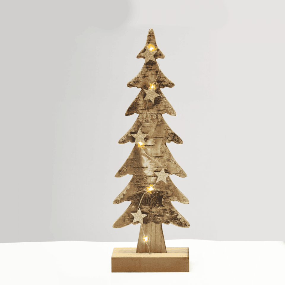 LED Διακοσμητικό Χριστουγεννιάτικο Δέντρο Ξύλινο με 5 LED Mπαταρίας 13x7x40cm Καφέ με Γκρι