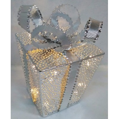 Διακοσμητικό Κουτί Χριστουγεννιάτικο Δώρο LED Μπαταρίας Ασημί 30cm