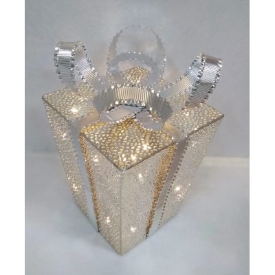 Διακοσμητικό Κουτί Χριστουγεννιάτικο Δώρο LED Μπαταρίας Ασημί 21cm