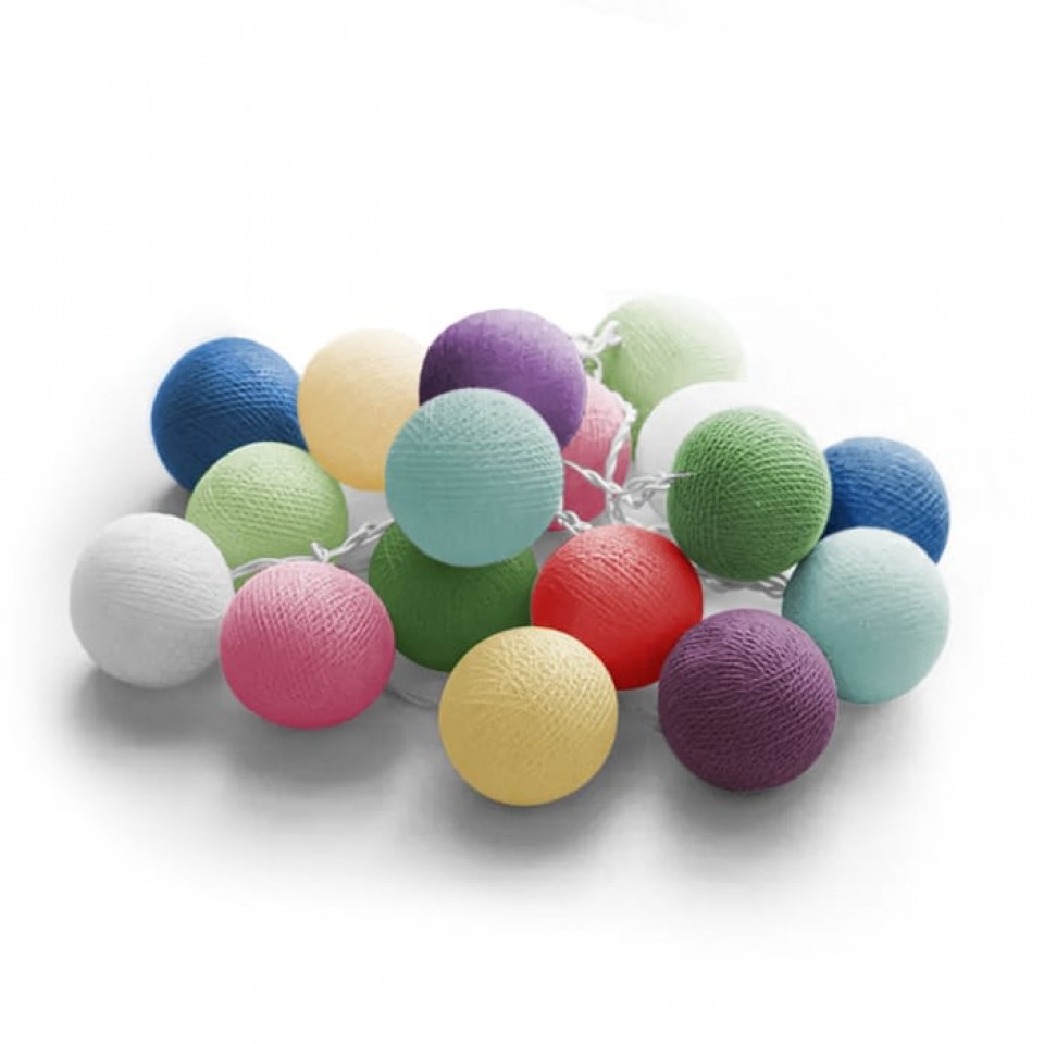 Διακοσμητικές Μπάλες Cotton Balls με LED Φωτάκια με Καλώδιο και Φις Πολύχρωμες Happy