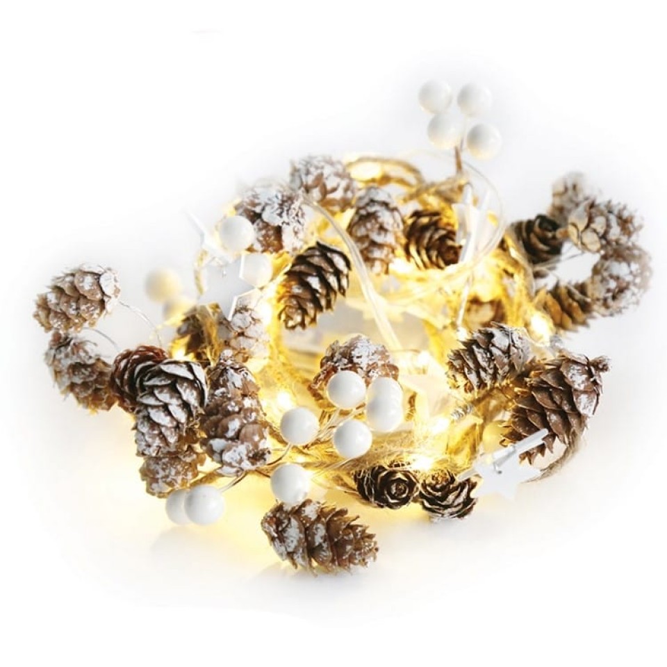 Διακοσμητικά Φωτάκια Κουκουνάρια και Λευκά Αστέρια Γιρλάντα 2.10m LED Θερμό Φως Μπαταρίας 2.10m