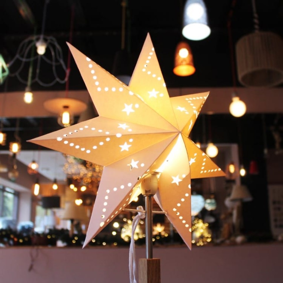 Decorative Paper Star White with wooden base and white power cable