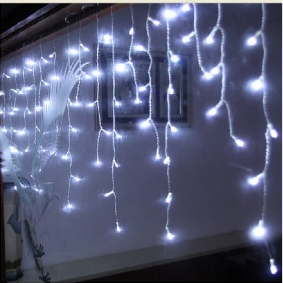 100 LED Βροχή Φωτάκια Ασύμμετρη Διάφανο Καλώδιο Ψυχρό Λευκό Φως