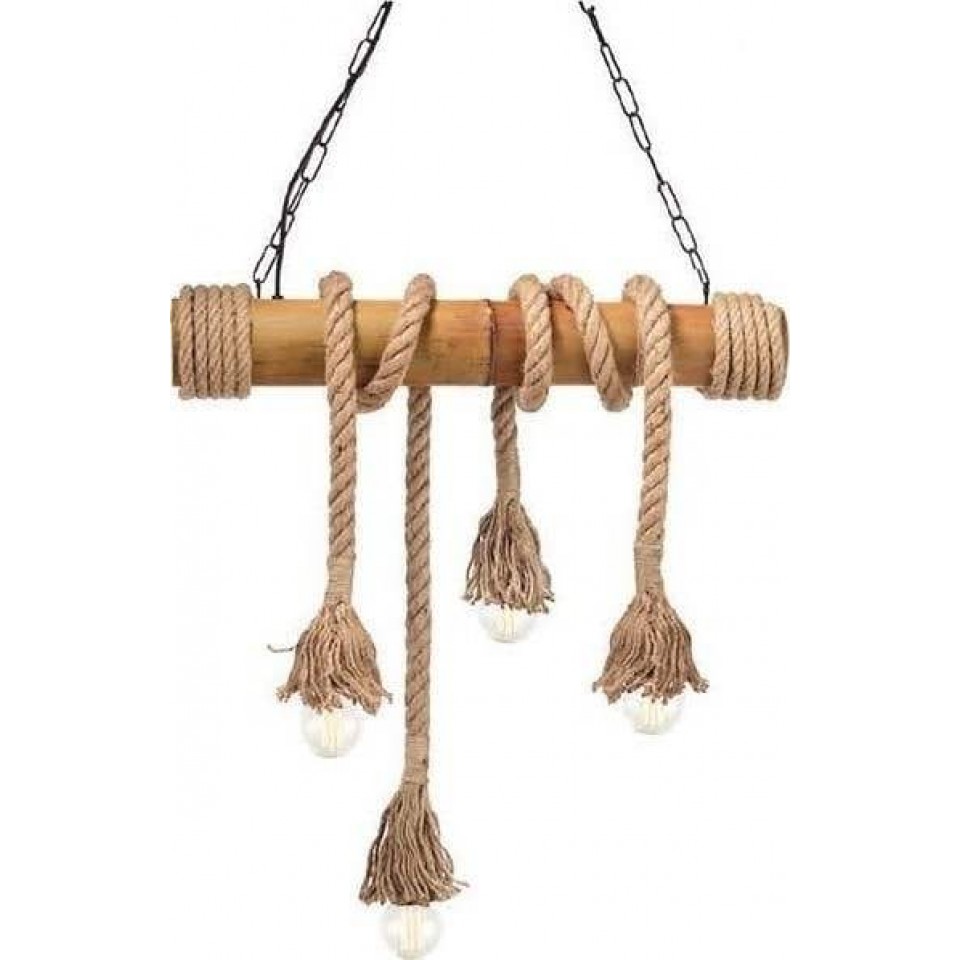 Pendant Light Wooden with Rope 4XE27