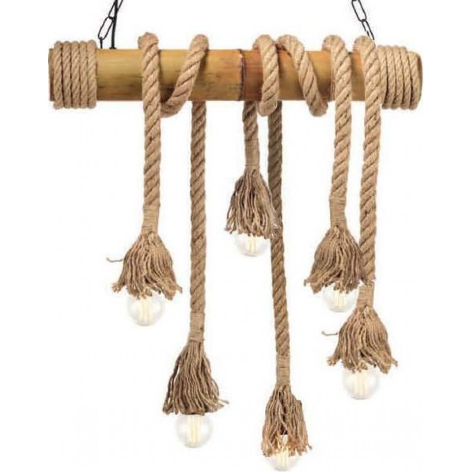 Pendant Light Wooden with Rope 6XE27