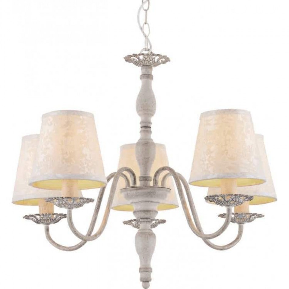 Classic Chandelier with White Cream Fabric Lampshades 5xE14