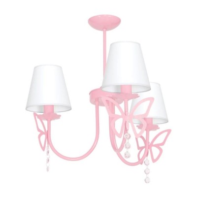 Kids Chandelier CHARLOTTE Pink metal pink with lampshades, butterflies and crystal