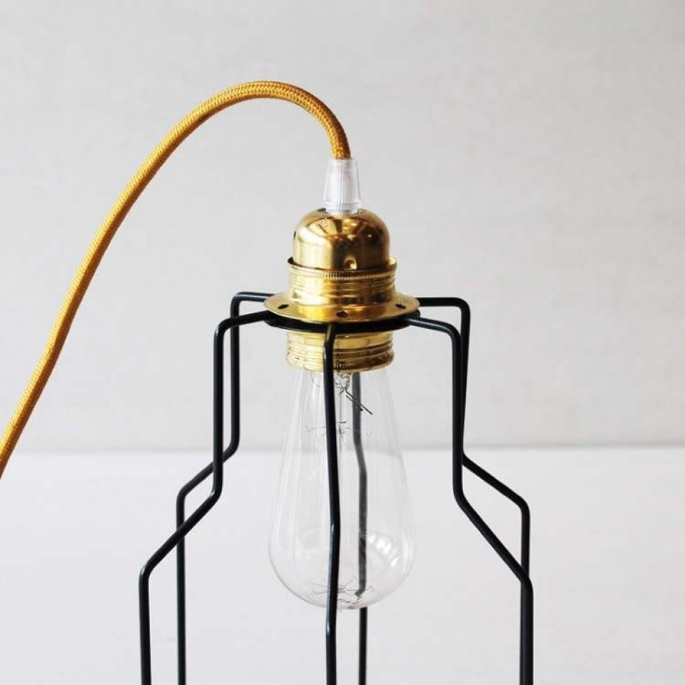 Vintage Cage Pendant Lamp Black (with Metal Gold E27 Lampholder and Gold Fabric Cable RM05)
