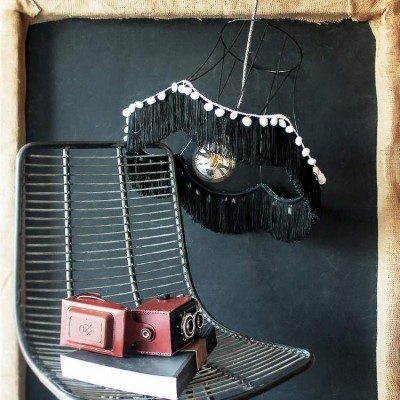Pendant Black Cage with Black fringes and white pon pon