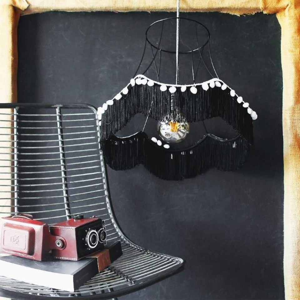 Pendant Black Cage with Black fringes and white pon pon