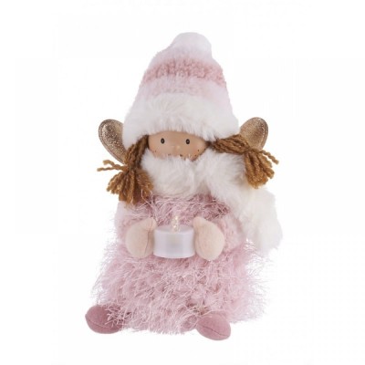 Christmas Decorative Plush Pink Angel with Lighted Candle 15x12x16 cm