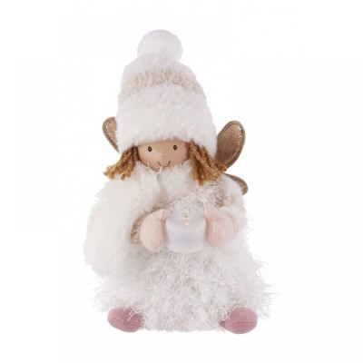 Christmas Decorative Plush White Angel with Lighted Candle 15x12x16 cm
